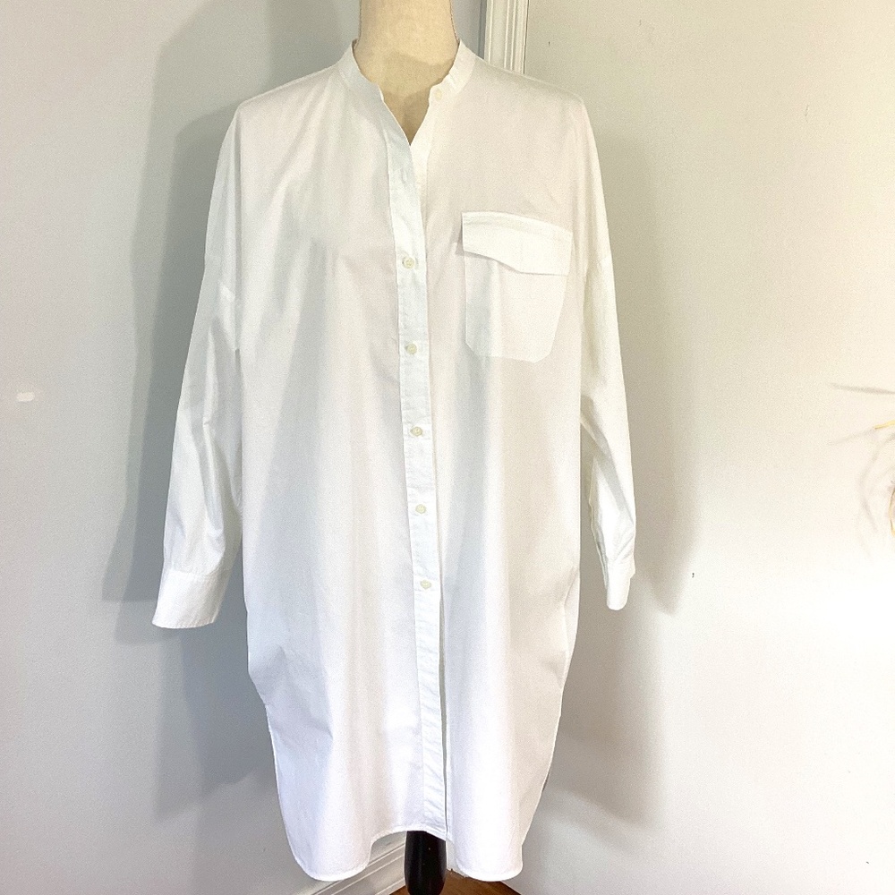 EVERLANE WOMAN SIZE 12 WHITE WOVEN COTTON TUNIC MANDARIN COLLAR LONG SLEEVE